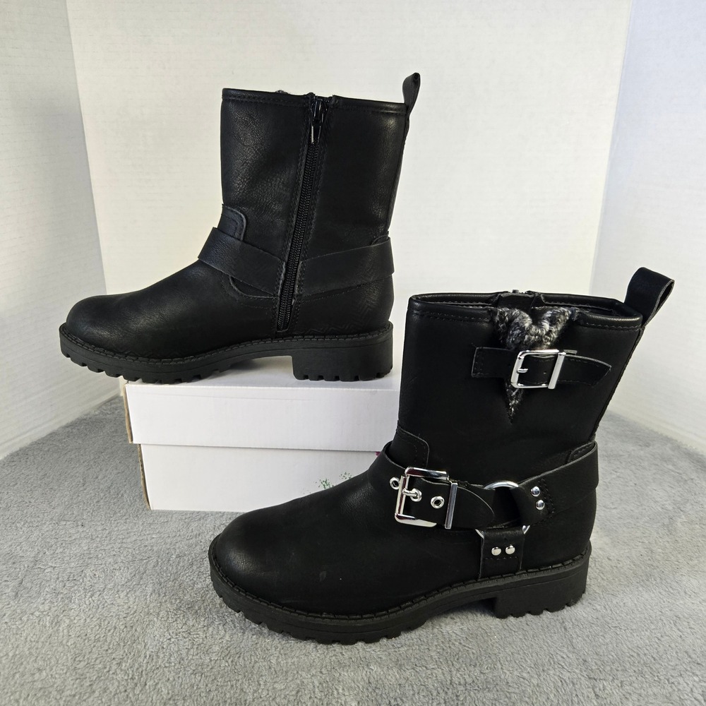 Jellypop Maura Black Moto Boots Womens 6M Harness Buckle Lug Sole Mid Calf Zip